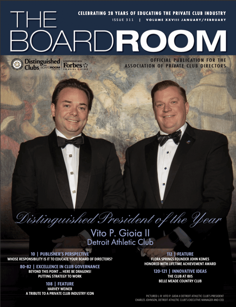 Cover of BoardRoom magazine featuring two men in tuxedos with "Distinguished President of the Year" title.